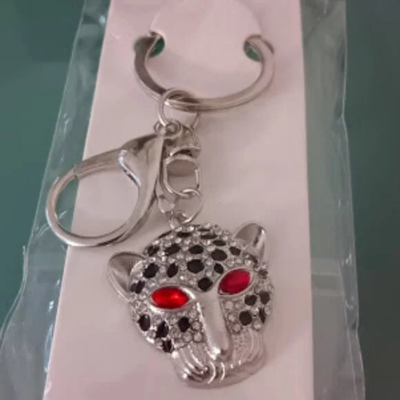 MINT Cheetah Silver Black Enamel Red & Clear Crystals Purse Charm Key Chain**NEW - Picture 3 of 8